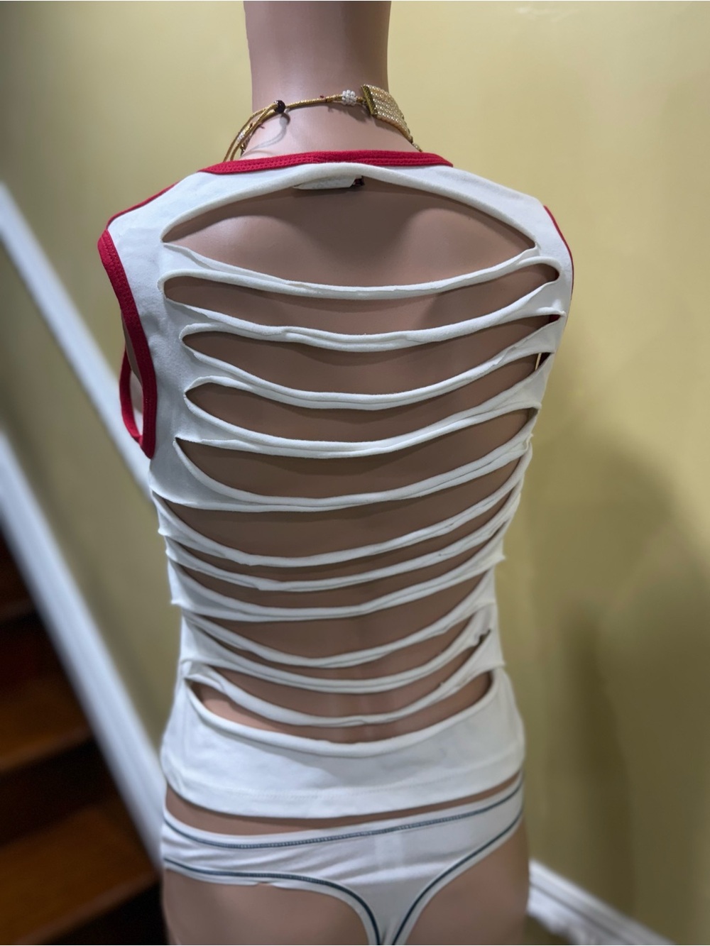 cleo White Sleeveless Backless Slashed Tank with Red Trim